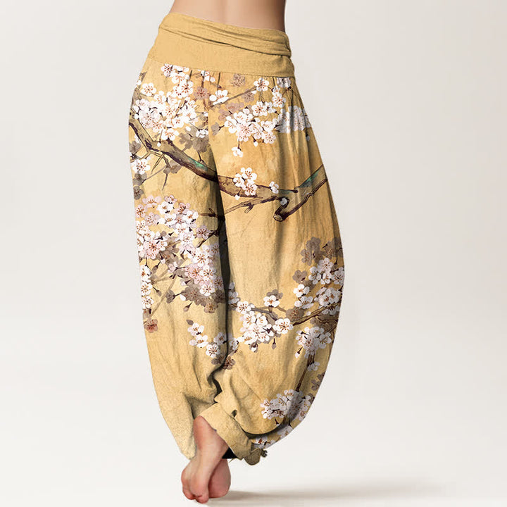 Buddha Stones Pantalones harem de mujer con cintura elástica y estampado de ramas de cerezo en flor de algodón. - image 1