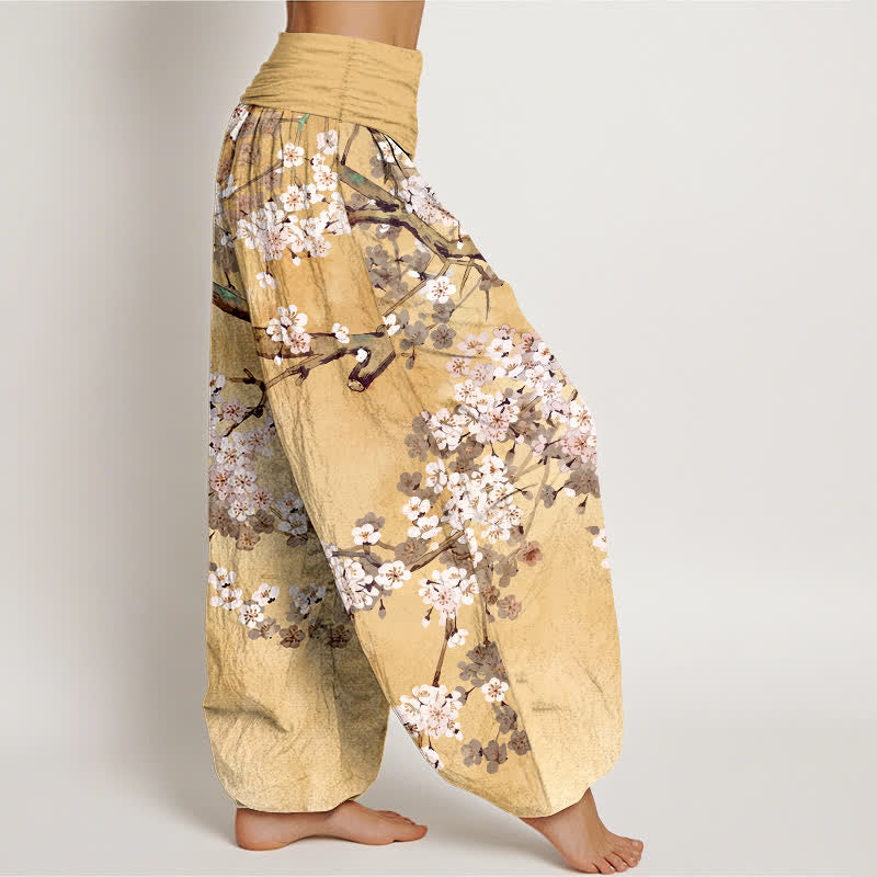 Buddha Stones Pantalones harem de mujer con cintura elástica y estampado de ramas de cerezo en flor de algodón. - image 2