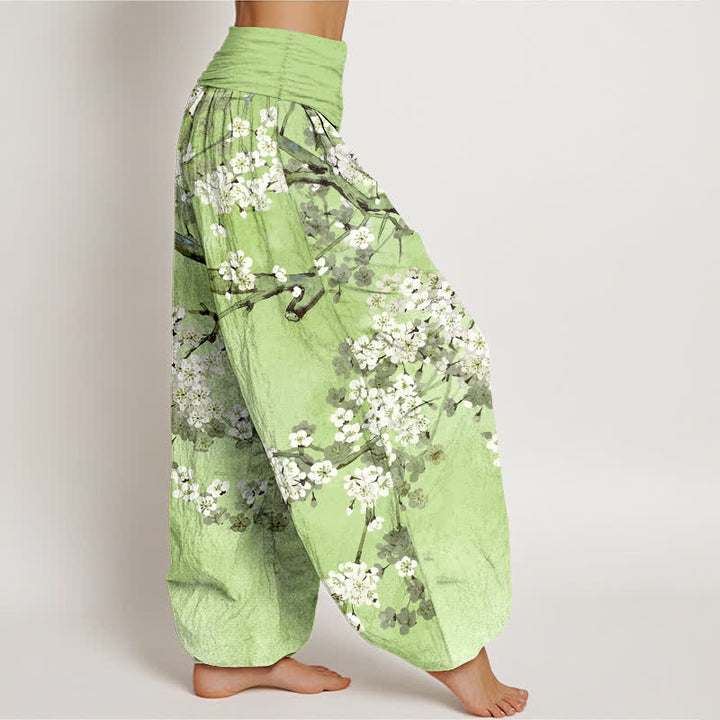 Buddha Stones Pantalones harem de mujer con cintura elástica y estampado de ramas de cerezo en flor de algodón. - image 6