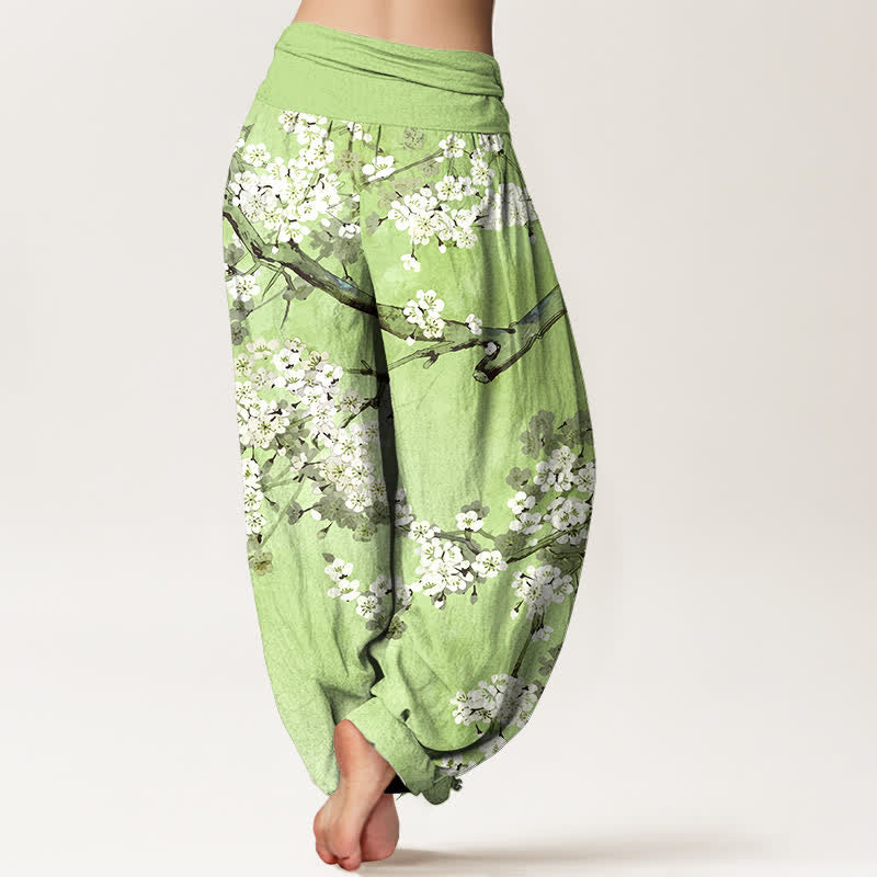 Buddha Stones Pantalones harem de mujer con cintura elástica y estampado de ramas de cerezo en flor de algodón. - image 7