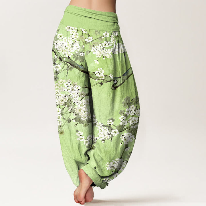 Buddha Stones Pantalones harem de mujer con cintura elástica y estampado de ramas de cerezo en flor de algodón. - image 7