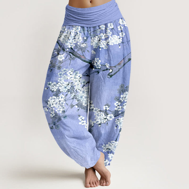 Buddha Stones Pantalones harem de mujer con cintura elástica y estampado de ramas de cerezo en flor de algodón. - Azul aciano - US16，UK/AU20，EU48 (3XL) - image 8