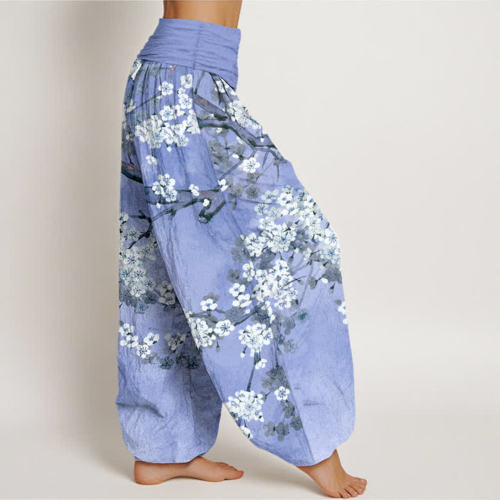 Buddha Stones Pantalones harem de mujer con cintura elástica y estampado de ramas de cerezo en flor de algodón. - image 9
