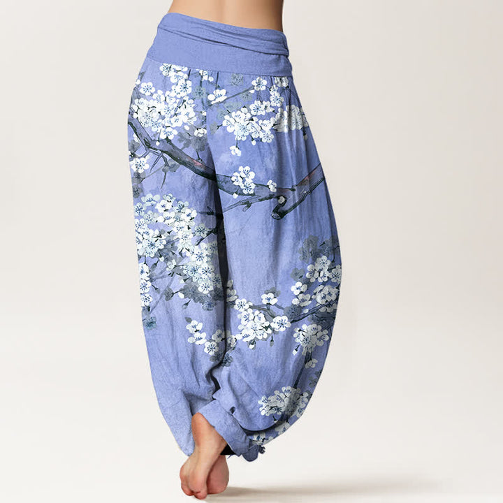 Buddha Stones Pantalones harem de mujer con cintura elástica y estampado de ramas de cerezo en flor de algodón. - image 10