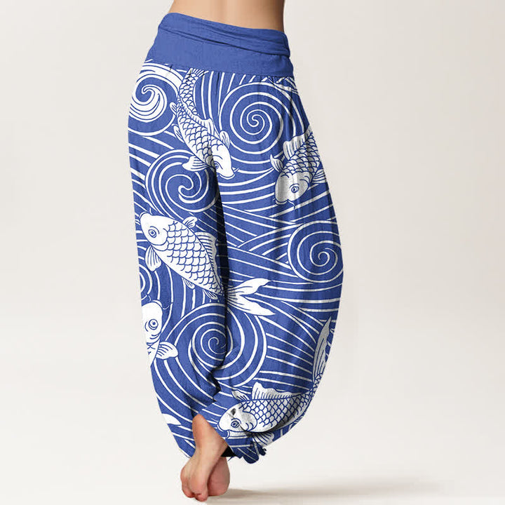 Buddha Stones Pantalones harem de algodón con estampado de olas Koi para mujer con cintura elástica. - image 2