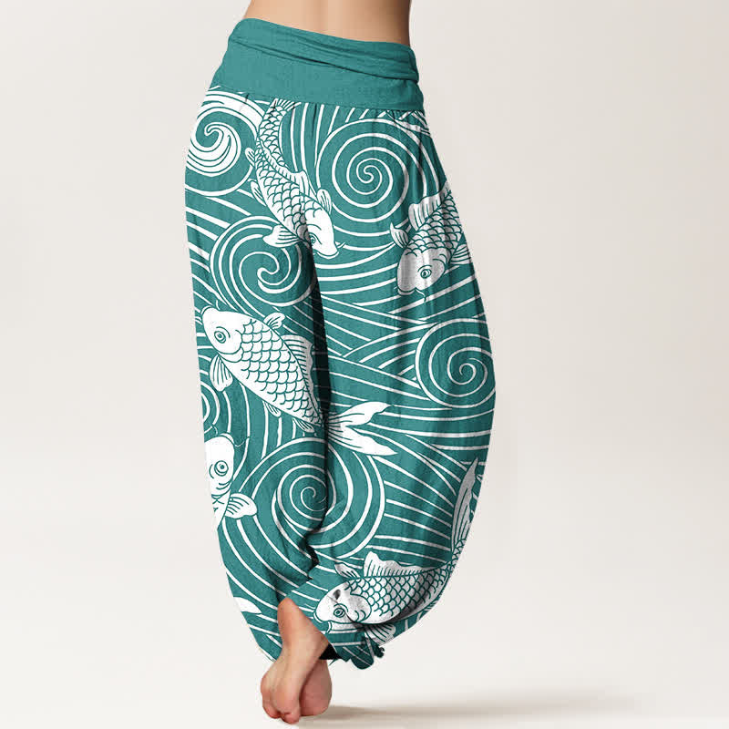 Buddha Stones Pantalones harem de algodón con estampado de olas Koi para mujer con cintura elástica. - image 7