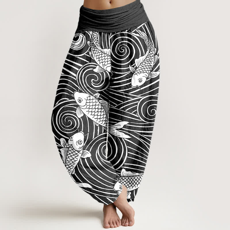 Buddha Stones Pantalones harem de algodón con estampado de olas Koi para mujer con cintura elástica. - Negro - US16，UK/AU20，EU48 (3XL) - image 8