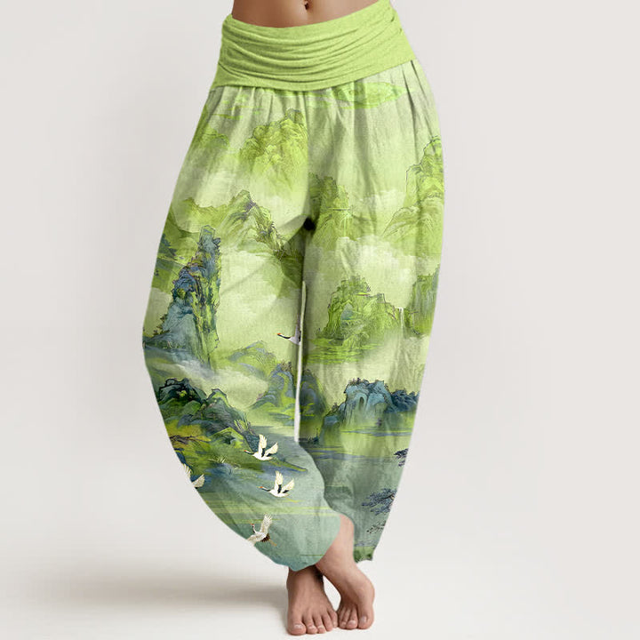 Buddha Stones Pantalones harem de algodón con estampado de grullas orientales y cintura elástica para mujer. - VerdeAmarillo - US16，UK/AU20，EU48 (3XL) - image 5