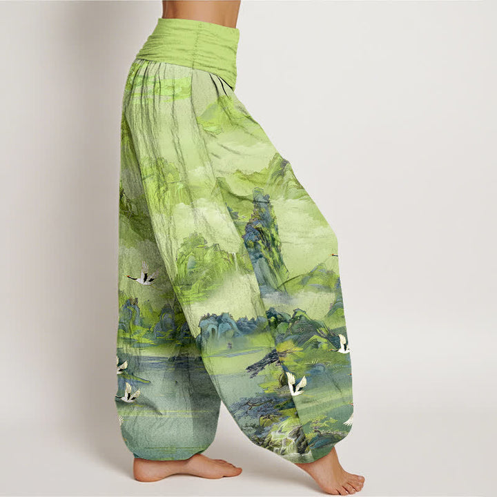 Buddha Stones Pantalones harem de algodón con estampado de grullas orientales y cintura elástica para mujer. - image 6