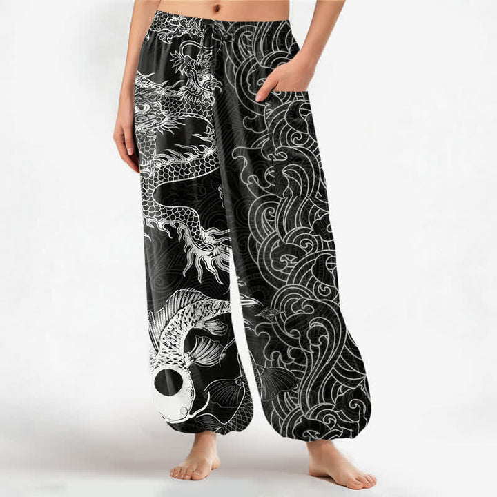 Buddha Stones Pantalones harem de algodón con estampado de olas y dragón oriental para mujer, cintura elástica y bolsillos laterales. - Negro - US16，UK/AU20，EU48 (3XL) - image 0