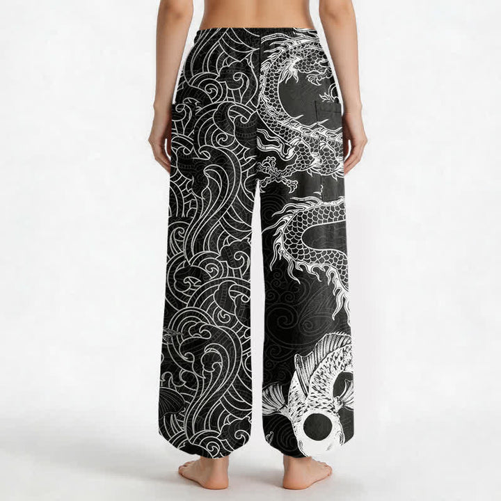 Buddha Stones Pantalones harem de algodón con estampado de olas y dragón oriental para mujer, cintura elástica y bolsillos laterales. - image 2