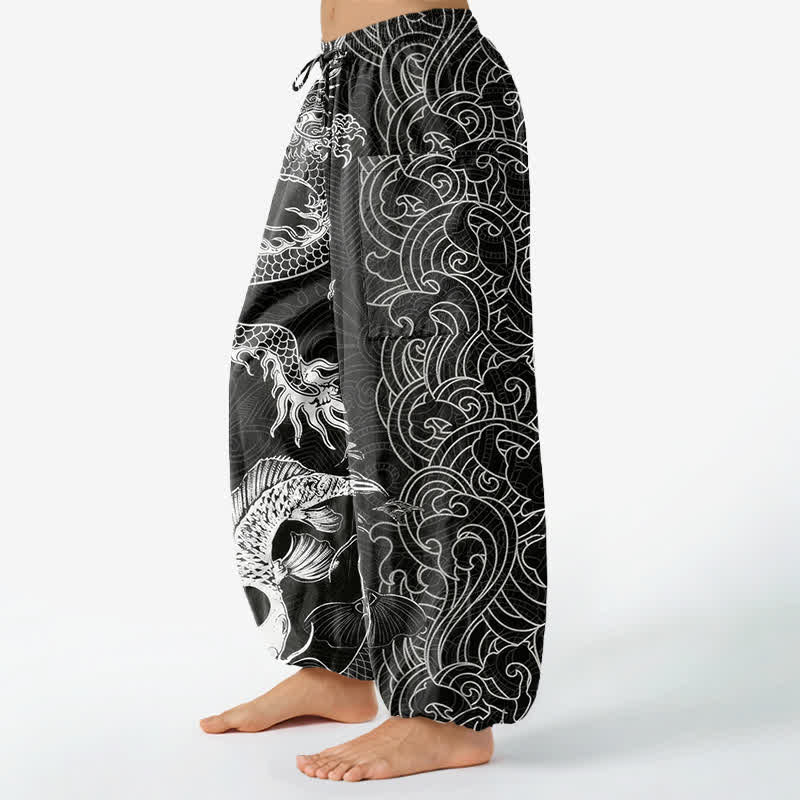 Buddha Stones Pantalones harem de algodón con estampado de olas y dragón oriental para mujer, cintura elástica y bolsillos laterales. - image 1