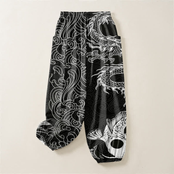 Buddha Stones Pantalones harem de algodón con estampado de olas y dragón oriental para mujer, cintura elástica y bolsillos laterales. - image 4