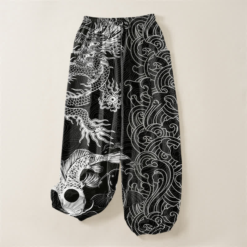 Buddha Stones Pantalones harem de algodón con estampado de olas y dragón oriental para mujer, cintura elástica y bolsillos laterales. - image 3