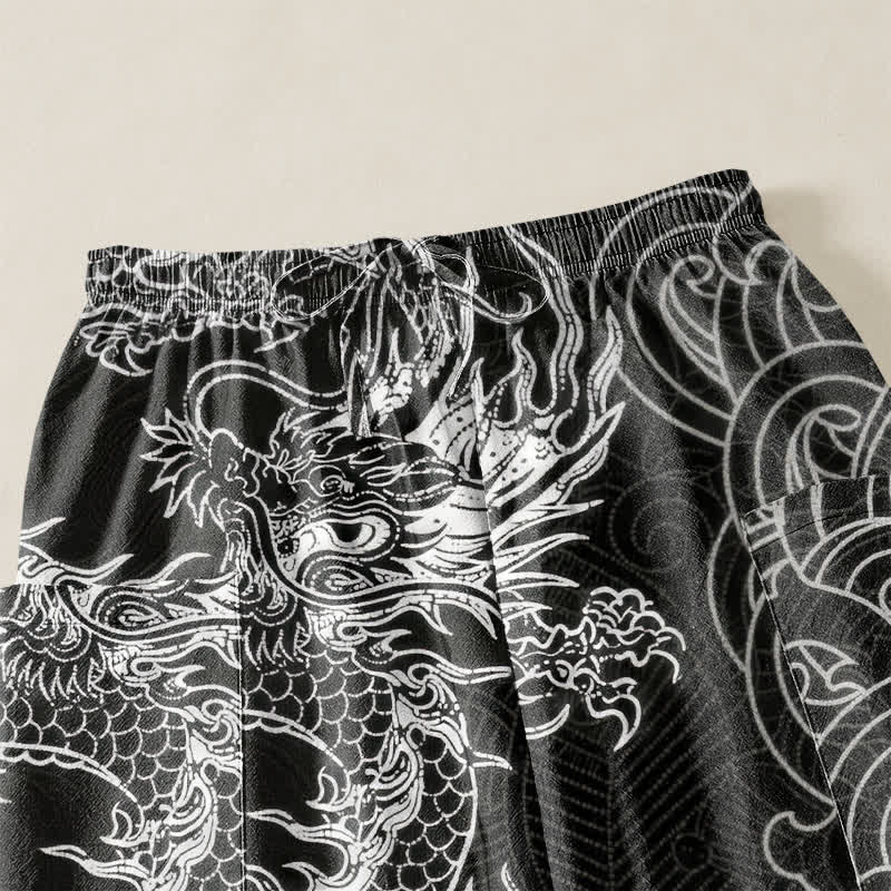 Buddha Stones Pantalones harem de algodón con estampado de olas y dragón oriental para mujer, cintura elástica y bolsillos laterales. - image 5