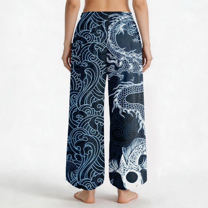 Buddha Stones Pantalones harem de algodón con estampado de olas y dragón oriental para mujer, cintura elástica y bolsillos laterales. - image 9