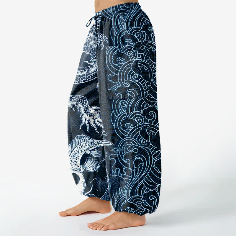 Buddha Stones Pantalones harem de algodón con estampado de olas y dragón oriental para mujer, cintura elástica y bolsillos laterales. - image 8