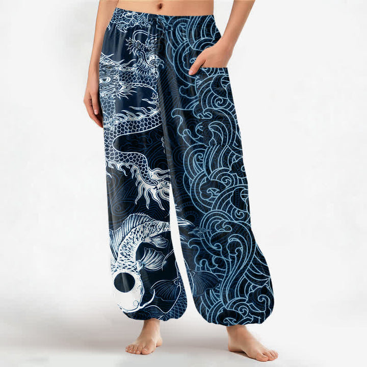 Buddha Stones Pantalones harem de algodón con estampado de olas y dragón oriental para mujer, cintura elástica y bolsillos laterales. - Marina de guerra - US16，UK/AU20，EU48 (3XL) - image 7