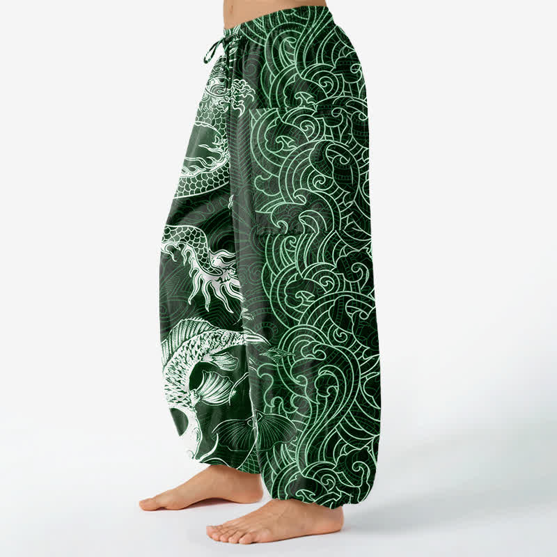 Buddha Stones Pantalones harem de algodón con estampado de olas y dragón oriental para mujer, cintura elástica y bolsillos laterales. - image 11