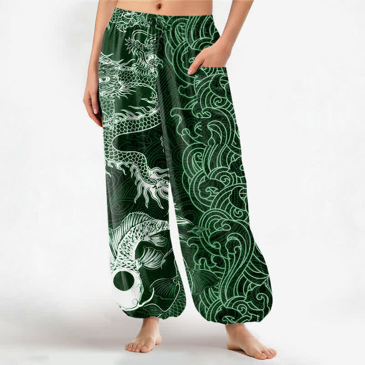 Buddha Stones Pantalones harem de algodón con estampado de olas y dragón oriental para mujer, cintura elástica y bolsillos laterales. - Verde bosque - US16，UK/AU20，EU48 (3XL) - image 10