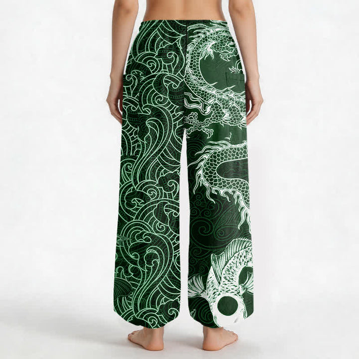 Buddha Stones Pantalones harem de algodón con estampado de olas y dragón oriental para mujer, cintura elástica y bolsillos laterales. - image 12