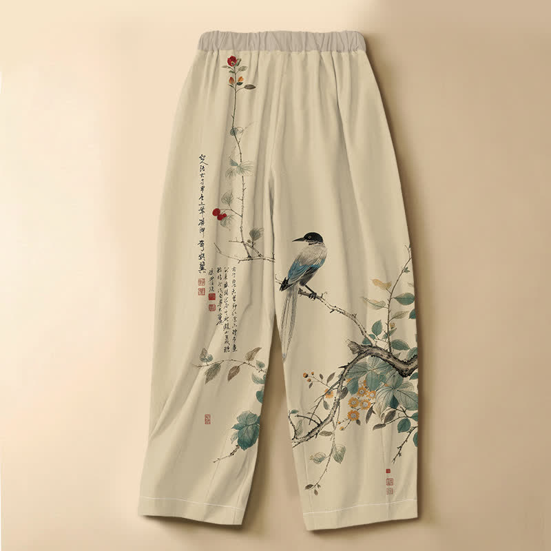 Buddha Stones Pantalones harem de algodón puro con estampado oriental de ramas y pájaros, botones de rana y cintura elástica para mujer con bolsillos. - image 1