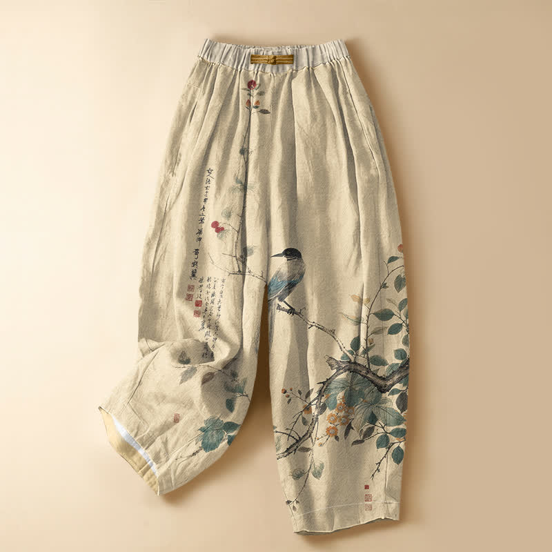 Buddha Stones Pantalones harem de algodón puro con estampado oriental de ramas y pájaros, botones de rana y cintura elástica para mujer con bolsillos. - Lino - US16，UK/AU20，EU48 (3XL) - image 0
