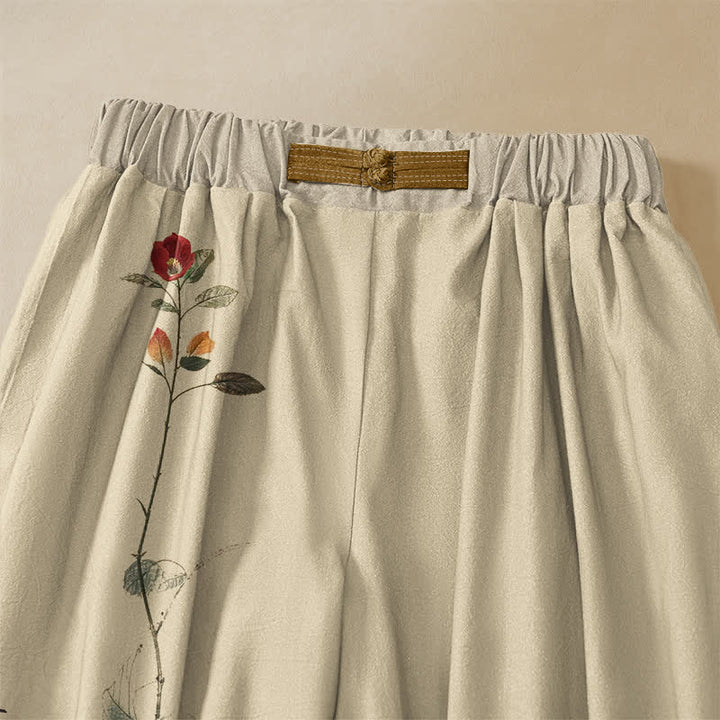 Buddha Stones Pantalones harem de algodón puro con estampado oriental de ramas y pájaros, botones de rana y cintura elástica para mujer con bolsillos. - image 2