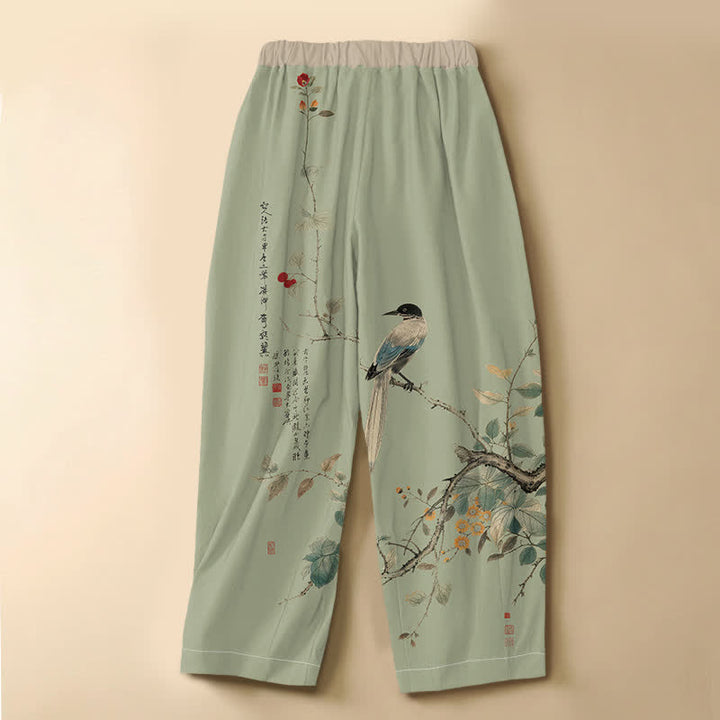 Buddha Stones Pantalones harem de algodón puro con estampado oriental de ramas y pájaros, botones de rana y cintura elástica para mujer con bolsillos. - image 6