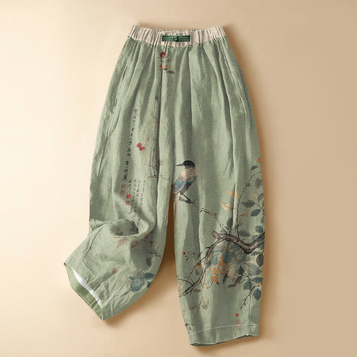 Buddha Stones Pantalones harem de algodón puro con estampado oriental de ramas y pájaros, botones de rana y cintura elástica para mujer con bolsillos. - Verde pálido - US16，UK/AU20，EU48 (3XL) - image 5