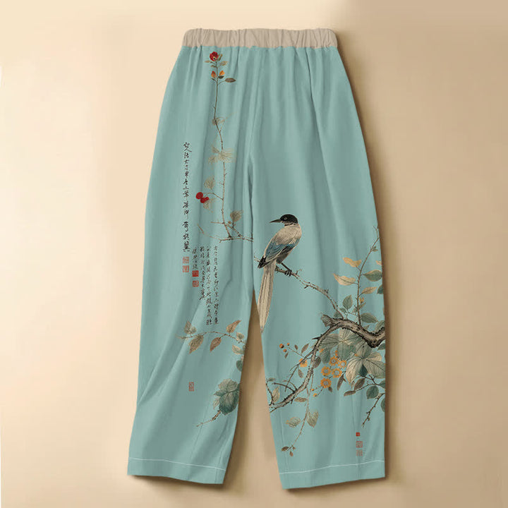 Buddha Stones Pantalones harem de algodón puro con estampado oriental de ramas y pájaros, botones de rana y cintura elástica para mujer con bolsillos. - image 8