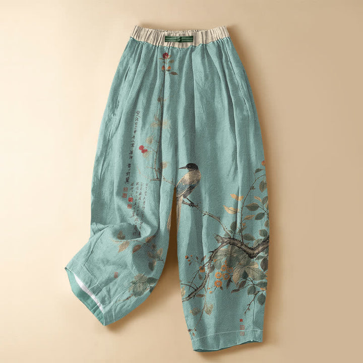 Buddha Stones Pantalones harem de algodón puro con estampado oriental de ramas y pájaros, botones de rana y cintura elástica para mujer con bolsillos. - Azul claro - US16，UK/AU20，EU48 (3XL) - image 7