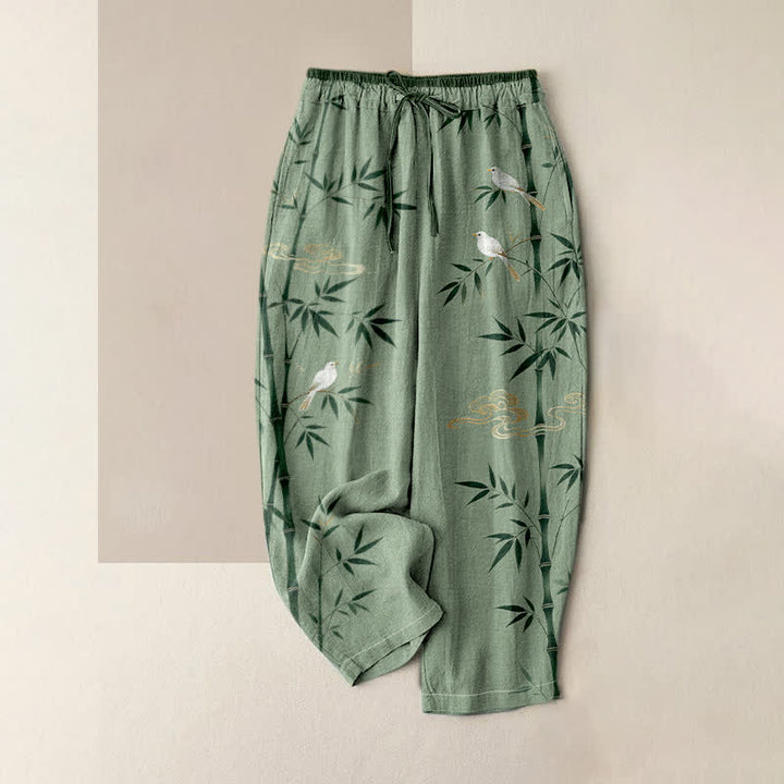 Buddha Stones Pantalones de mujer de algodón puro con estampado de pájaros de bambú, cintura elástica y bolsillos. - Verde oliva - US16，UK/AU20，EU48 (3XL) - image 0
