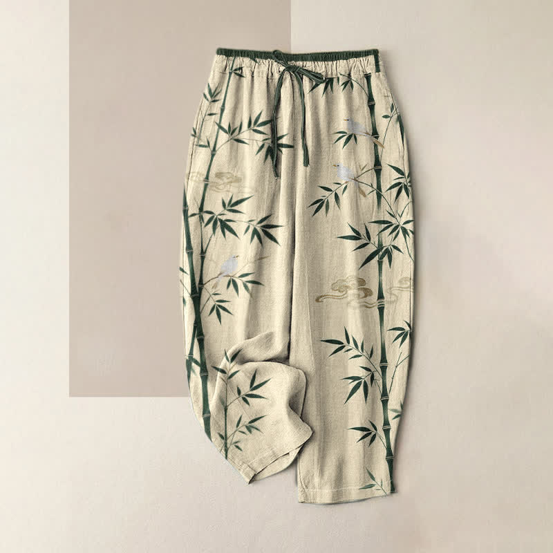 Buddha Stones Pantalones de mujer de algodón puro con estampado de pájaros de bambú, cintura elástica y bolsillos. - Beige - US16，UK/AU20，EU48 (3XL) - image 3