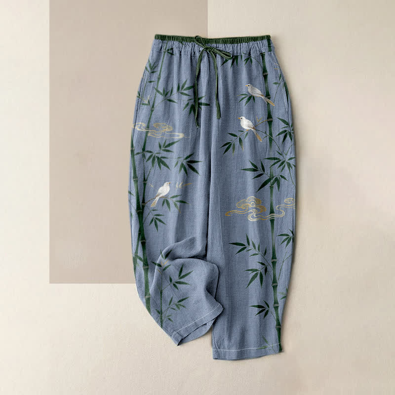 Buddha Stones Pantalones de mujer de algodón puro con estampado de pájaros de bambú, cintura elástica y bolsillos. - Azul acero - US16，UK/AU20，EU48 (3XL) - image 4