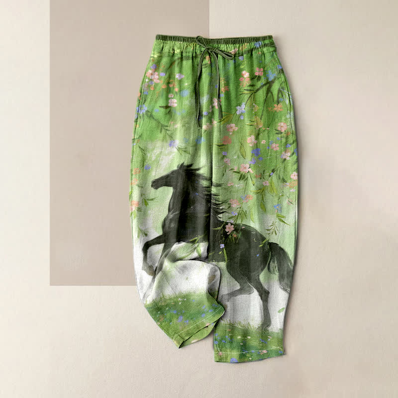 Buddha Stones Pantalones de mujer de algodón puro con estampado floral de caballos al galope y cintura elástica con bolsillos. - Verde lima - US16，UK/AU20，EU48 (3XL) - image 0