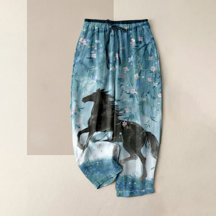 Buddha Stones Pantalones de mujer de algodón puro con estampado floral de caballos al galope y cintura elástica con bolsillos. - Azul cielo claro - US16，UK/AU20，EU48 (3XL) - image 3