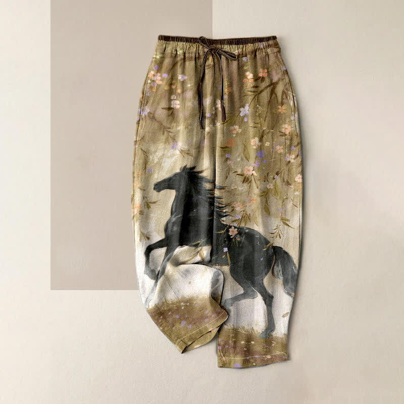 Buddha Stones Pantalones de mujer de algodón puro con estampado floral de caballos al galope y cintura elástica con bolsillos. - Caqui oscuro - US16，UK/AU20，EU48 (3XL) - image 4