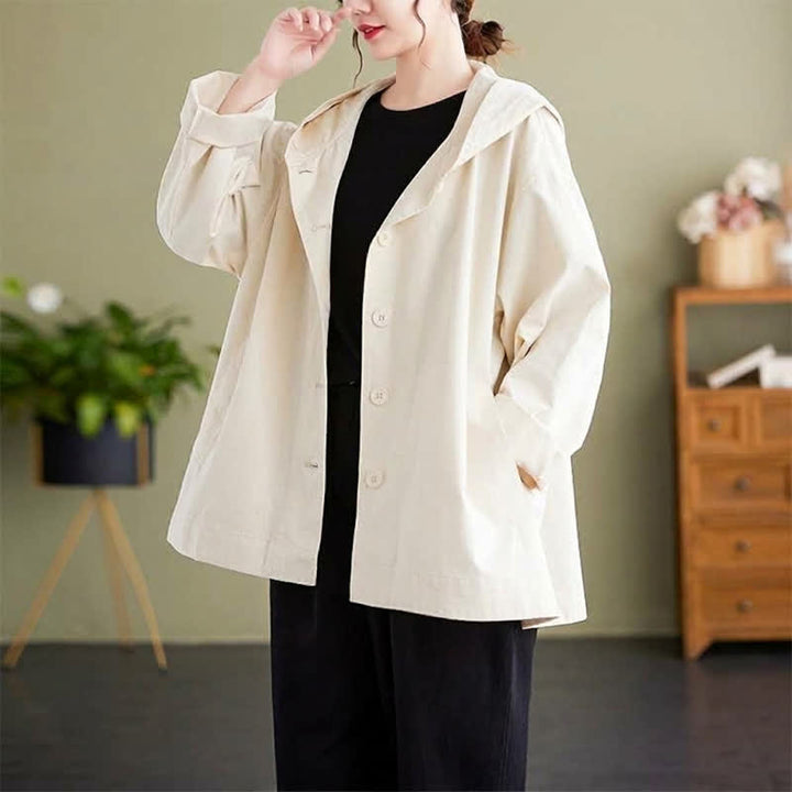 Buddha Stones Chaqueta de mujer informal minimalista con capucha, botones y bolsillos, ideal para primavera y otoño. - image 6