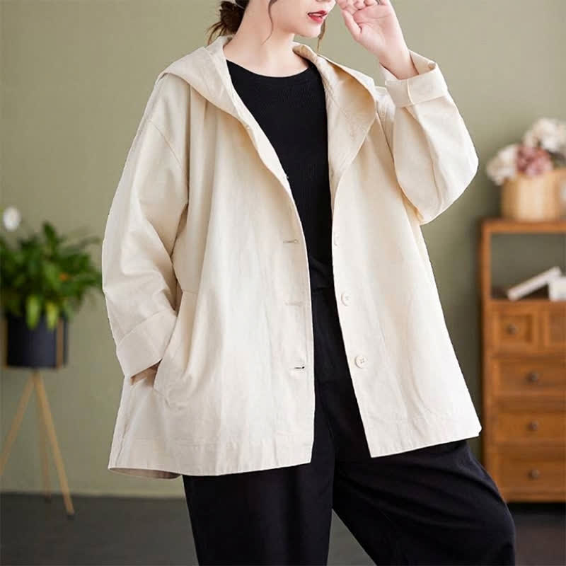 Buddha Stones Chaqueta de mujer informal minimalista con capucha, botones y bolsillos, ideal para primavera y otoño. - image 8