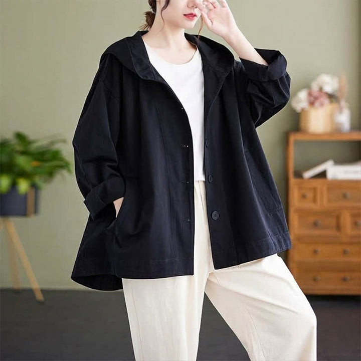 Buddha Stones Chaqueta de mujer informal minimalista con capucha, botones y bolsillos, ideal para primavera y otoño. - Negro - US8-10，UK/AU12-14，EU40-42 (2XL) - image 3