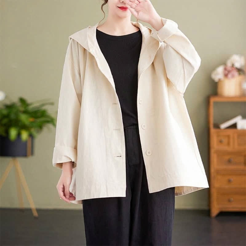 Buddha Stones Chaqueta de mujer informal minimalista con capucha, botones y bolsillos, ideal para primavera y otoño. - image 7