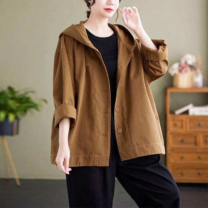Buddha Stones Chaqueta de mujer informal minimalista con capucha, botones y bolsillos, ideal para primavera y otoño. - Perú - US8-10，UK/AU12-14，EU40-42 (2XL) - image 0