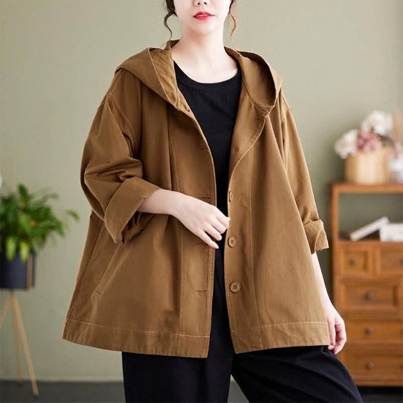 Buddha Stones Chaqueta de mujer informal minimalista con capucha, botones y bolsillos, ideal para primavera y otoño. - image 1