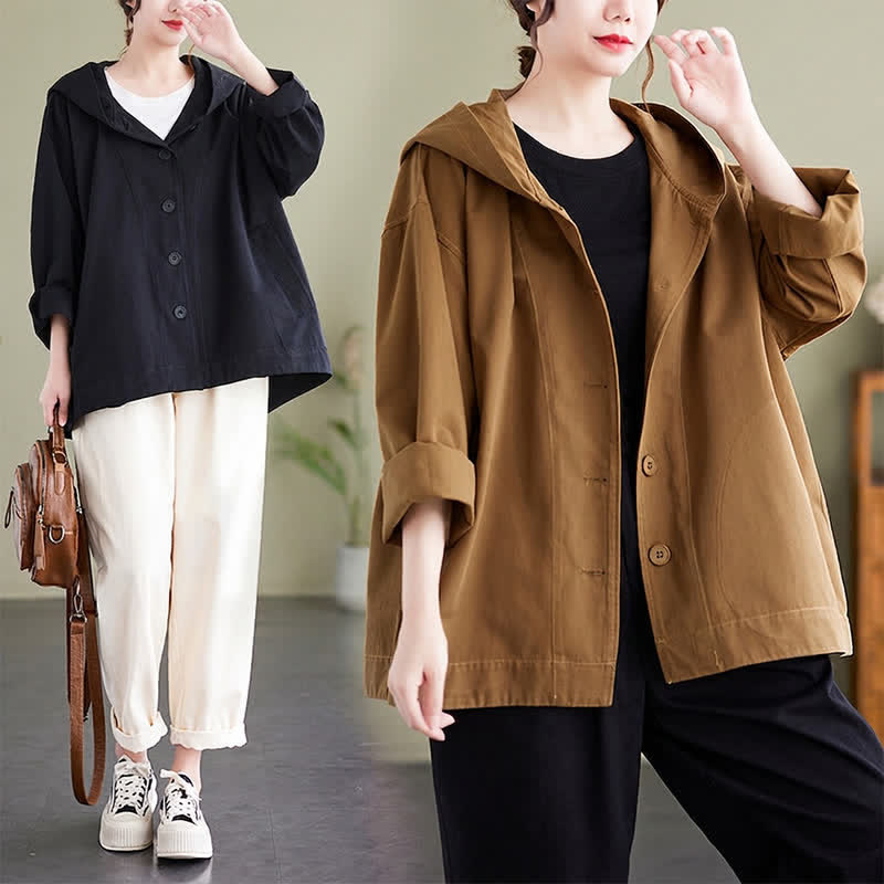 Buddha Stones Chaqueta de mujer informal minimalista con capucha, botones y bolsillos, ideal para primavera y otoño. - image 17