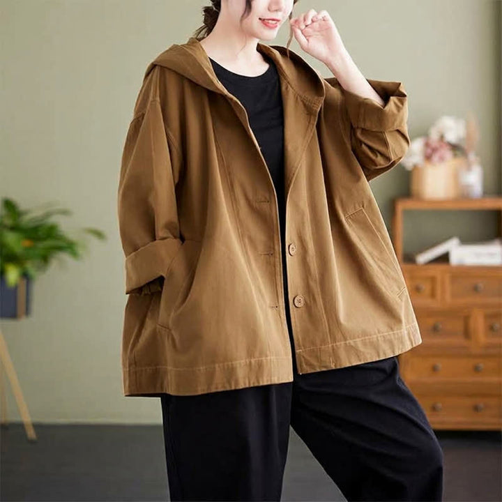 Buddha Stones Chaqueta de mujer informal minimalista con capucha, botones y bolsillos, ideal para primavera y otoño. - image 2