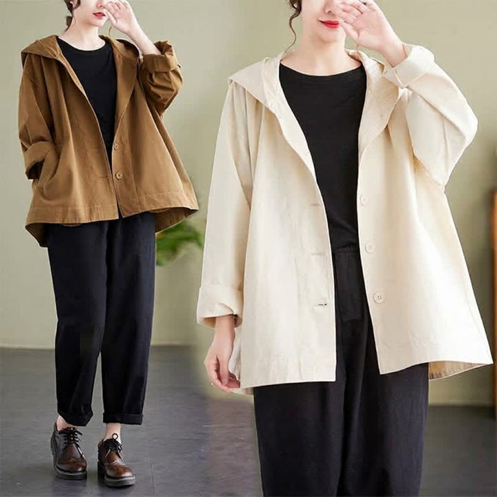 Buddha Stones Chaqueta de mujer informal minimalista con capucha, botones y bolsillos, ideal para primavera y otoño. - image 18