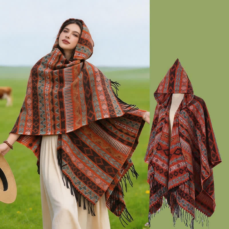 Buddha Stones Poncho con capucha, rayas geométricas y borlas para mujer, ideal para otoño e invierno. - image 1