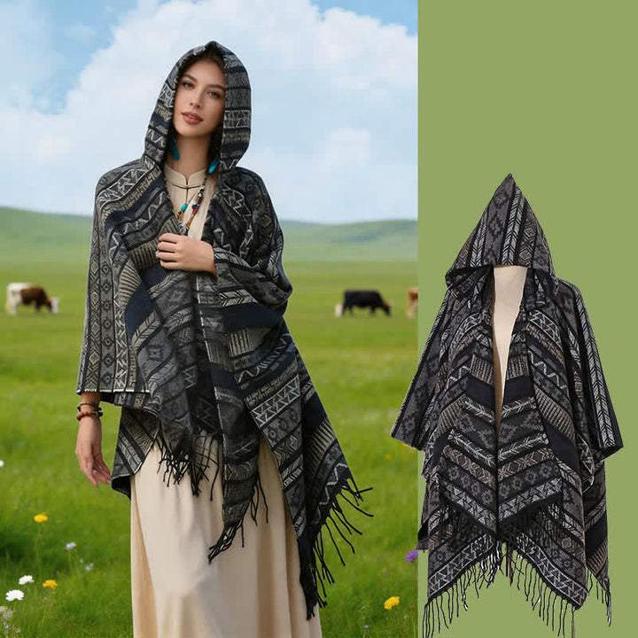 Buddha Stones Poncho con capucha, rayas geométricas y borlas para mujer, ideal para otoño e invierno. - Gris azulado - 140*159 cm - image 24