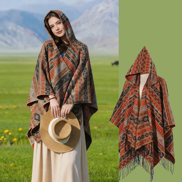 Buddha Stones Poncho con capucha, rayas geométricas y borlas para mujer, ideal para otoño e invierno. - Naranja negro - 140*159 cm - image 5